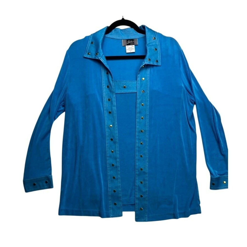 Slinky Brand Blue 2 Piece Studded Jacket and‎ Tank Top Set Med Travel USA Made